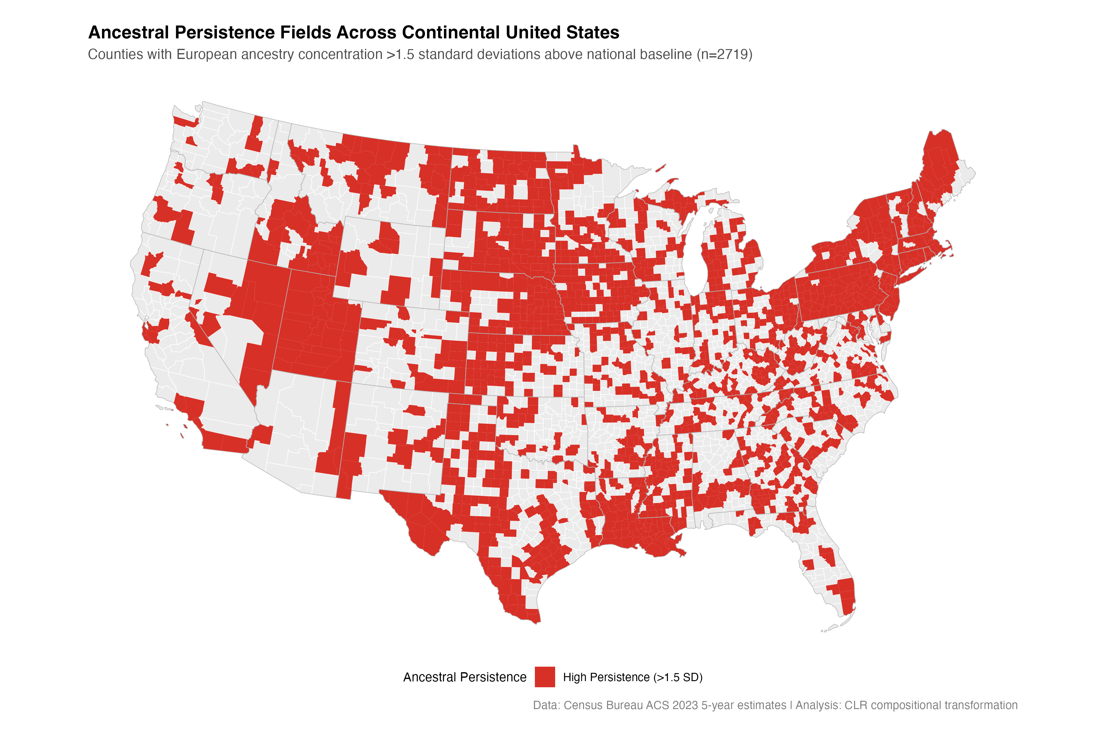 **Figure 1: National Ancestral Persistence Overview** - Counties in red show high persistence (>1.5 SD above national baseline) in at least one European ancestry group. The widespread distribution reveals that ancestral persistence is a national phenomenon, not limited to specific regions.