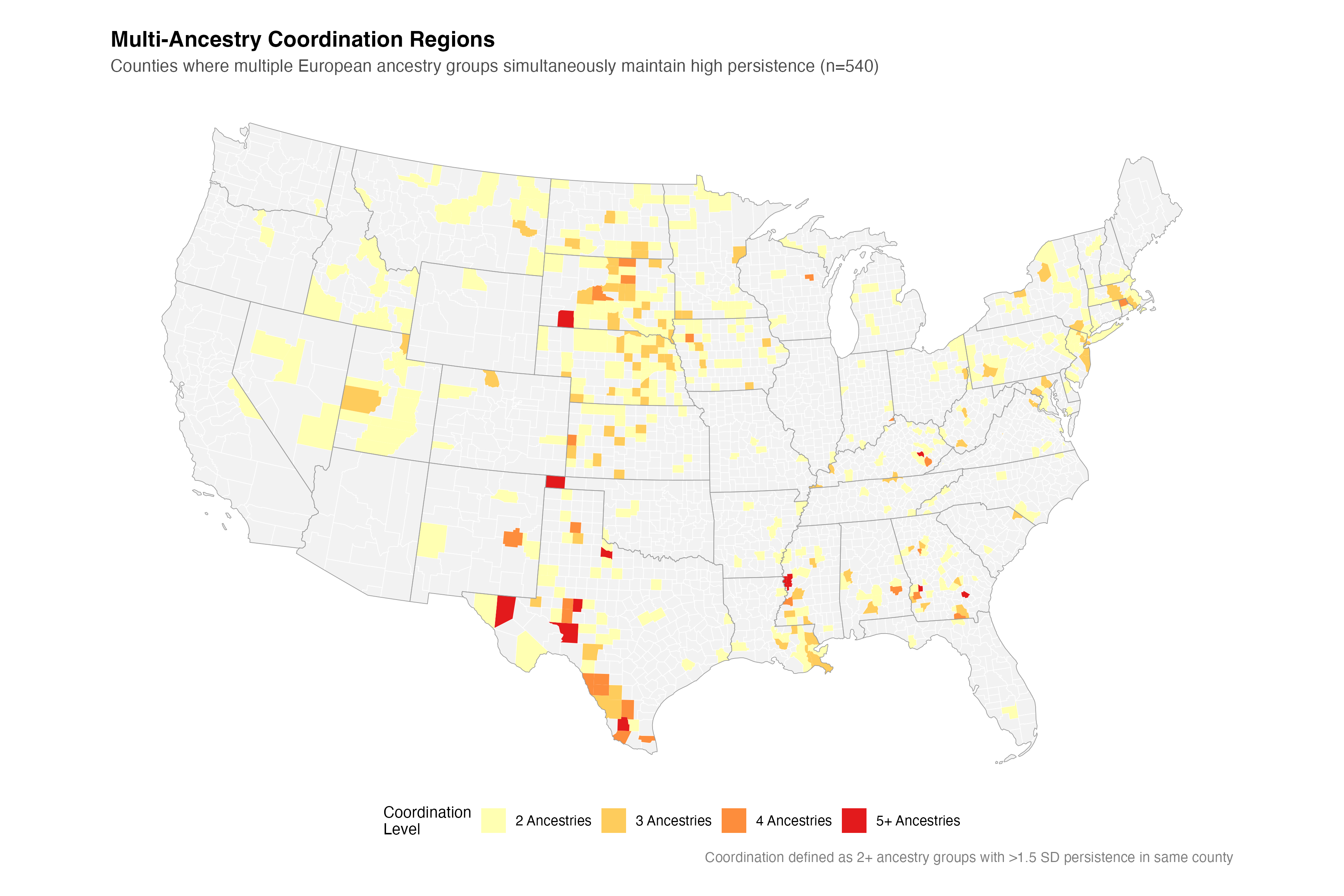 **Figure 3: Multi-Ancestry Coordination** - 540 counties (17.6% of total) show coordinated high persistence across multiple European ancestry groups. Darker colors indicate more ancestries maintaining simultaneous persistence, suggesting complex cultural landscapes where multiple European traditions concentrate together.